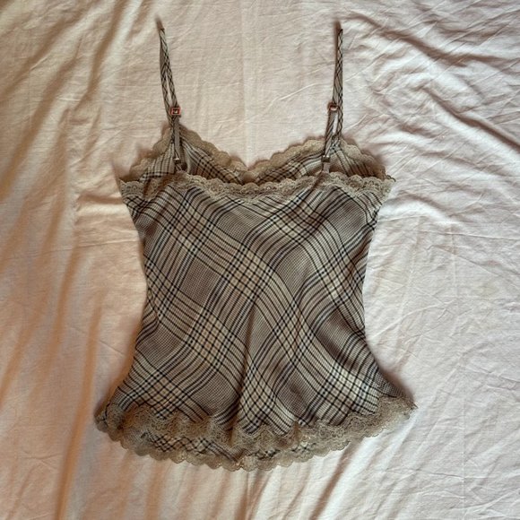 Sold! - Vintage Express Plaid Silk Lace Trim Cami Tank Top - Picture 2 of 4